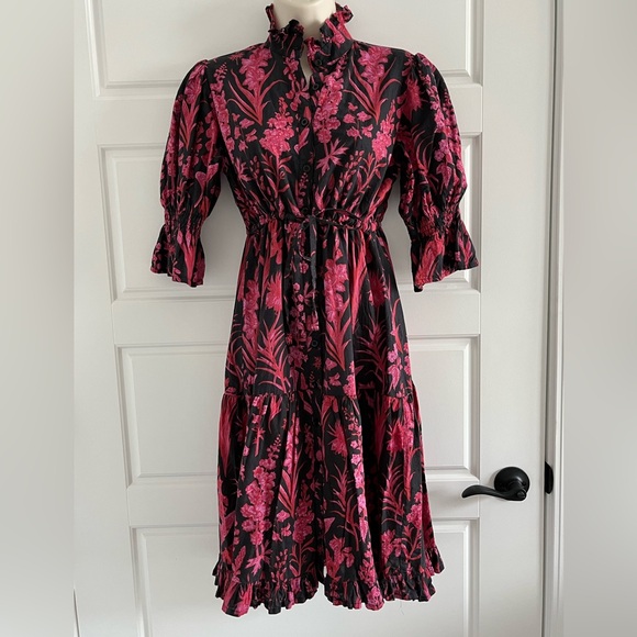 Victoria Dunn Dresses & Skirts - Victoria Dunn 100% Cotton Floral Puff Sleeve Belted Midi Dress Button Up XS New